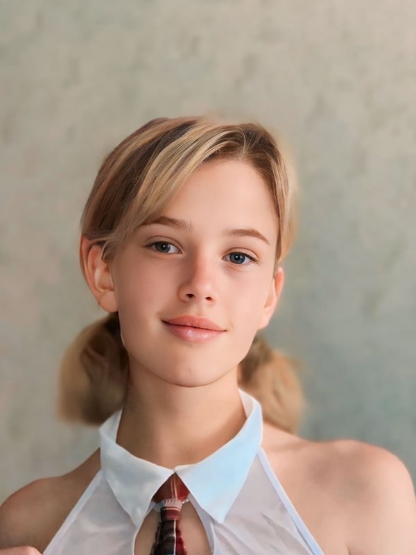 Close-up of a young woman with blonde hair in pigtails, wearing a sheer white top with a red tie, smiling gently against a neutral background.