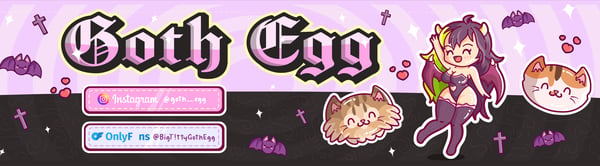Animated gothic banner featuring stylized text 'Gothy Egg' with cute anime-style characters, bats, cats, and pink accents.