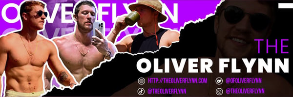 Three athletic men posing confidently in casual tank tops and sunglasses against a vibrant purple graphic background with the name Oliver Flynn prominently displayed.