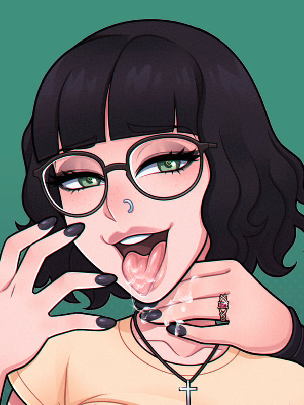 Anime-style illustration of a young woman with black hair, glasses, and green eyes, wearing a casual top and choker, posing playfully with her tongue out.