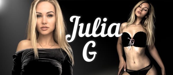 A young woman with long blonde hair posing in elegant black outfits in two mirrored shots, with her name stylized in white text overlay on a dark background.