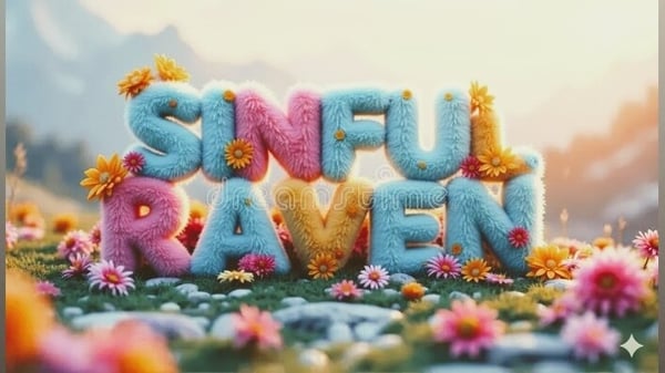 Colorful 3D text spelling 'Sinful Raven' surrounded by flowers and mountains under a sunny sky.