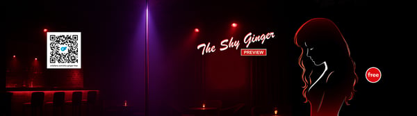 Neon sign reading 'The Shy Ginger' with a silhouette of a woman with long hair, set against a nighttime urban background with purple lights and a QR code.
