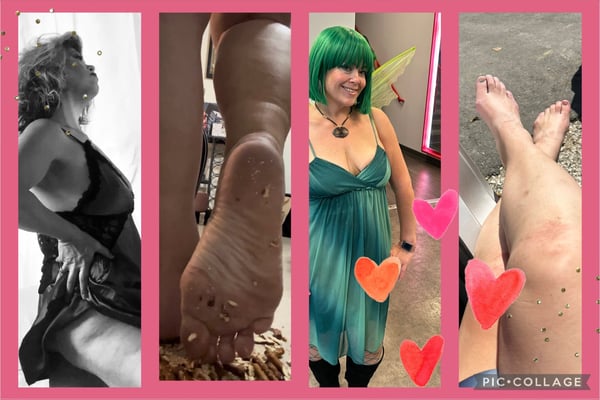 Collage of a woman in various outfits and poses, including close-ups of feet, cosplay attire, and artistic black-and-white shots framed in pink.