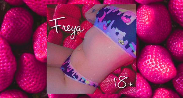 A young woman posing in a colorful swimsuit surrounded by strawberries with her name and '18+' overlaid on a vibrant pink background.