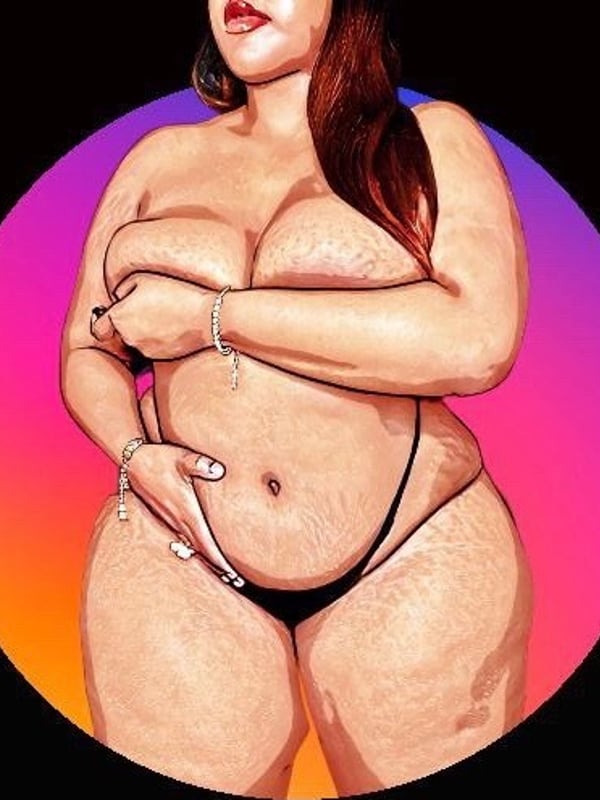 Artistic illustration of a woman with curly hair posing with hands on her chest against a vibrant purple and pink gradient background.