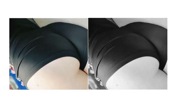 Two side-by-side images of a person in black leggings posing from behind in an indoor setting.
