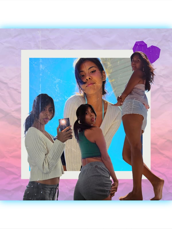 Collage of a young woman with long dark hair posing casually in casual tops, shorts, and swimwear with colorful geometric frames and beach vibes.