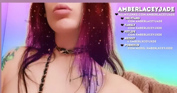 A woman with long purple hair and tattoos poses confidently wearing a choker necklace against a colorful background with text overlays.