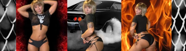 A woman posing confidently in revealing tops and bottoms near a classic muscle car with smoke and flames in the background.