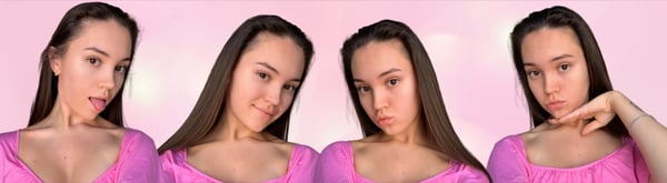 Four close-up selfies of a young woman with long dark hair making playful facial expressions, wearing a pink top against a pink background.