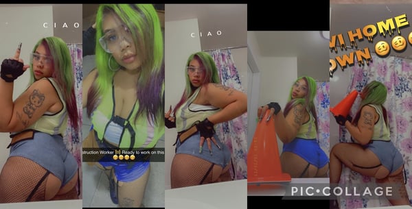 A collage of photos showing a woman with colorful hair posing confidently in casual outfits and accessories in indoor settings.