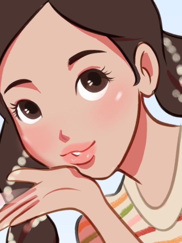 Close-up anime-style portrait of a young woman with dark hair in pigtails, smiling with a hand on her cheek against a light blue background.