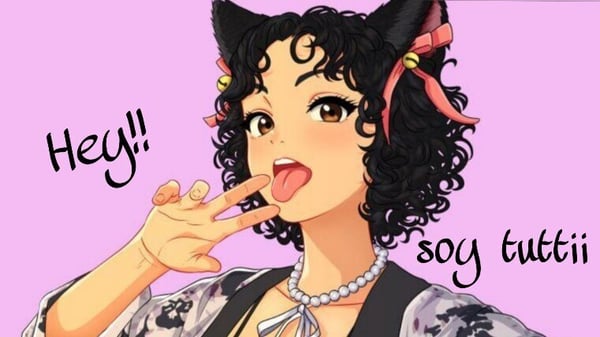 Anime-style illustration of a young woman with curly black hair, cat ears, and a playful expression, wearing a necklace and patterned top against a pink background.