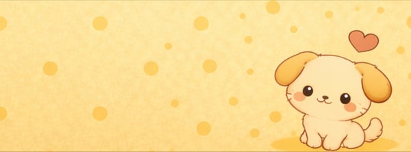 Cute cartoon illustration of a fluffy yellow puppy with big eyes sitting on a dotted yellow background with hearts.