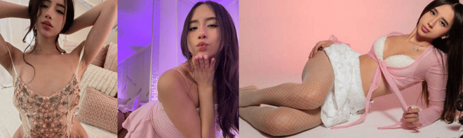 A young woman posing in elegant lingerie and a pink outfit in a softly lit bedroom setting.