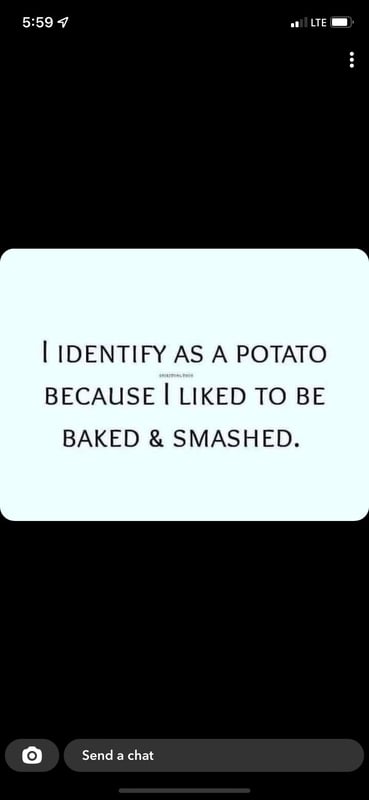 A humorous text message on a phone screen about identifying as a potato.
