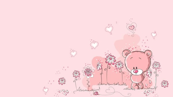 Cute pink cartoon teddy bear standing among flowers and hearts on a pastel background.