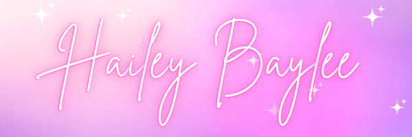 Stylized neon text reading 'Hailey Baylee' in pink and purple gradient with sparkling effects.