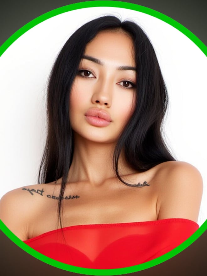 Close-up portrait of a young woman with long dark hair, subtle makeup, and a tattoo on her shoulder, framed in a green circle.