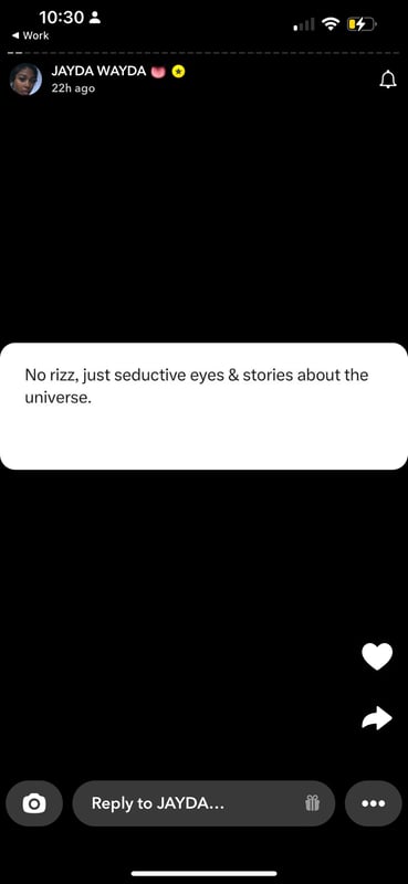 A smartphone screen displaying a social media post with text about seductive eyes and stories, including emojis and interaction options.