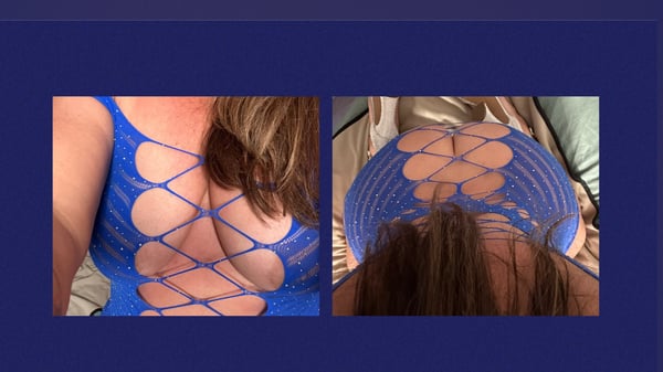 Woman posing in a blue mesh outfit from front and back views against a neutral background.