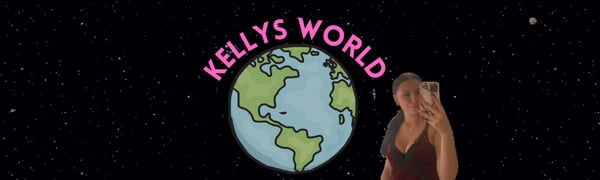 A stylized banner featuring a globe with 'Kelly's World' text and a young woman taking a selfie in casual clothing against a dark starry background.