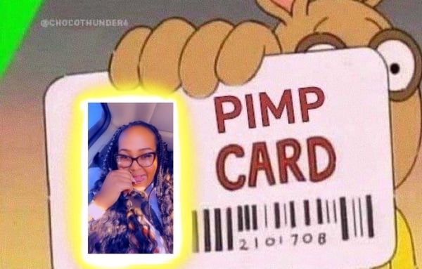 Humorous image of a woman holding a novelty 'PIMP CARD' styled like a cartoon ID badge in a car.