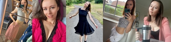 A young woman with pinkish hair posing confidently in various outfits including dresses and tops, captured in multiple selfie-style shots indoors and outdoors.