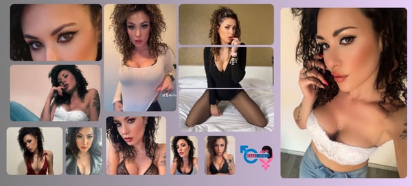 Collage of a woman with curly hair posing in various outfits and settings, including casual tops and indoor backgrounds.