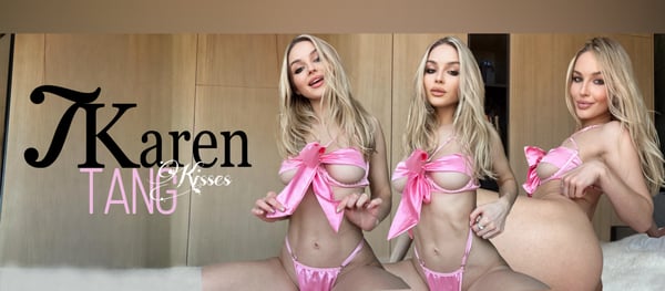 Three women posing playfully on a bed in matching pink ribbon outfits against a wooden background, with the name 'Karen Tang' displayed prominently.