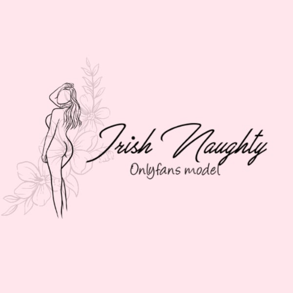Line art illustration of a woman in a side profile pose with flowing hair, surrounded by floral elements and the text 'Irish Naughty Onlyfans model' on a pink background.