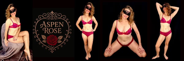 A woman in red lingerie posing confidently in multiple shots with decorative rose elements and masks on a dark background.