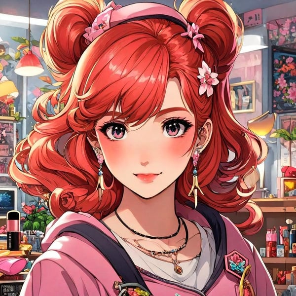 Anime-style illustration of a young woman with vibrant red hair in twin tails, adorned with flowers, wearing a pink hooded jacket, smiling in a cozy flower shop interior with plants and warm lighting.