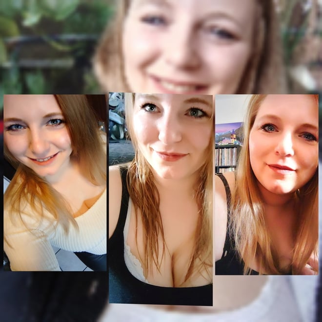 Young woman with blonde hair smiling in multiple casual selfies indoors and outdoors, wearing tank tops.