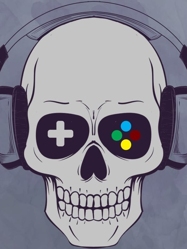 Stylized cartoon skull wearing headphones with game controller eyes on a gray background.