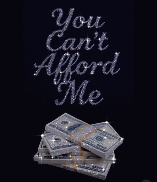 Glittering text reading 'You Can't Afford Me' displayed over stacks of cash on a dark background.