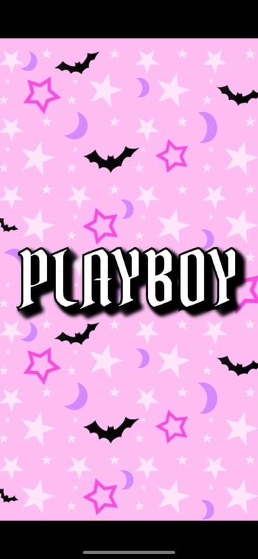 Playboy-themed graphic design featuring a pink background with bats, stars, and moons.
