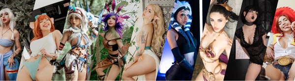 A series of cosplay photos featuring a model in various colorful costumes and character outfits posing dynamically.