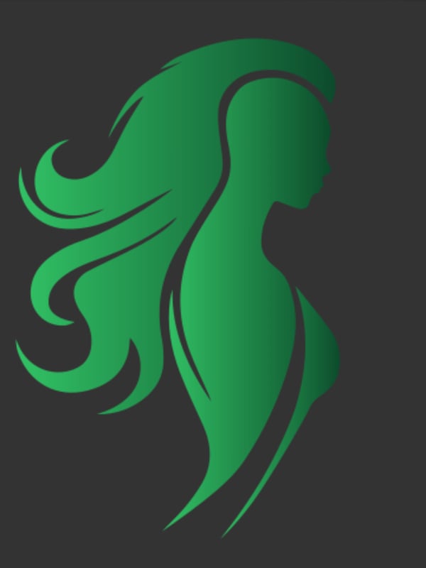 Stylized silhouette of a woman with long flowing green hair in profile view against a dark background.