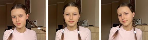 Young woman with long brown hair in braids wearing a pink top, smiling softly in three indoor selfies against a neutral background.