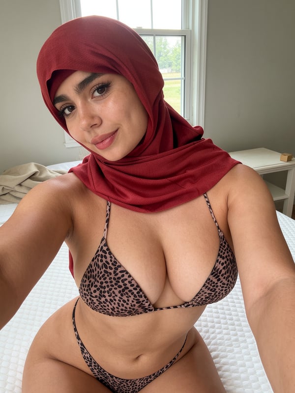 A woman wearing a red headscarf posing on a couch while covering her chest with her hands.