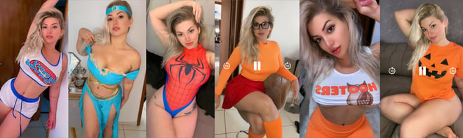 A series of women posing in colorful costumes including superhero outfits, cheerleader attire, and Halloween-themed clothing against various backgrounds.