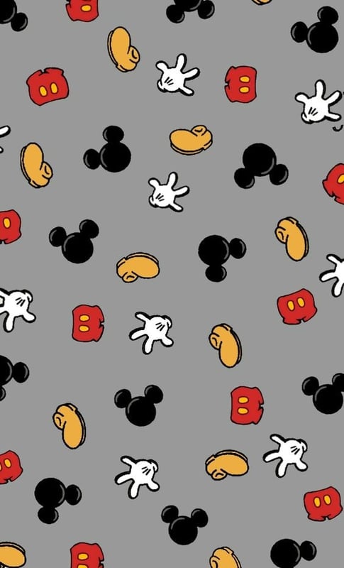 Patterned background featuring multiple Mickey Mouse characters in black, white, and red against a gray backdrop.