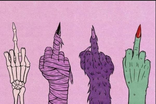 Artistic illustration of four stylized middle fingers in various monstrous and skeletal designs against a pink background.
