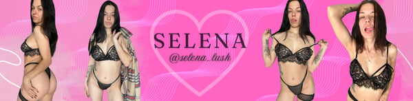 A woman posing in lingerie in multiple shots against a pink background with her name and username displayed.