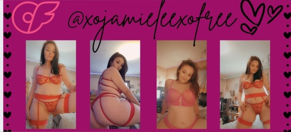 A woman posing in red lingerie in multiple shots against a pink-themed background with decorative elements.