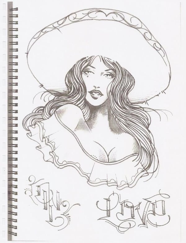 Sketch drawing of a woman wearing a large sombrero and traditional off-shoulder blouse, with 'KRLA Love' text overlay on a notebook page.