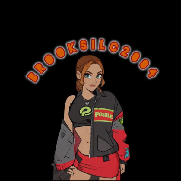 Animated illustration of a young woman with red hair in a cropped top, jacket, and skirt posing confidently with stylized text overlay.