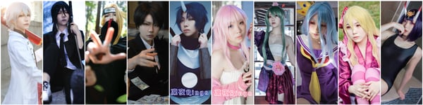 Collage of a cosplayer in various colorful anime-inspired costumes and wigs, posing dynamically in different outfits and settings.